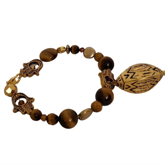 Tigers Eye Hamsa Hand Dangle Bracelet - Picture 3 of 4